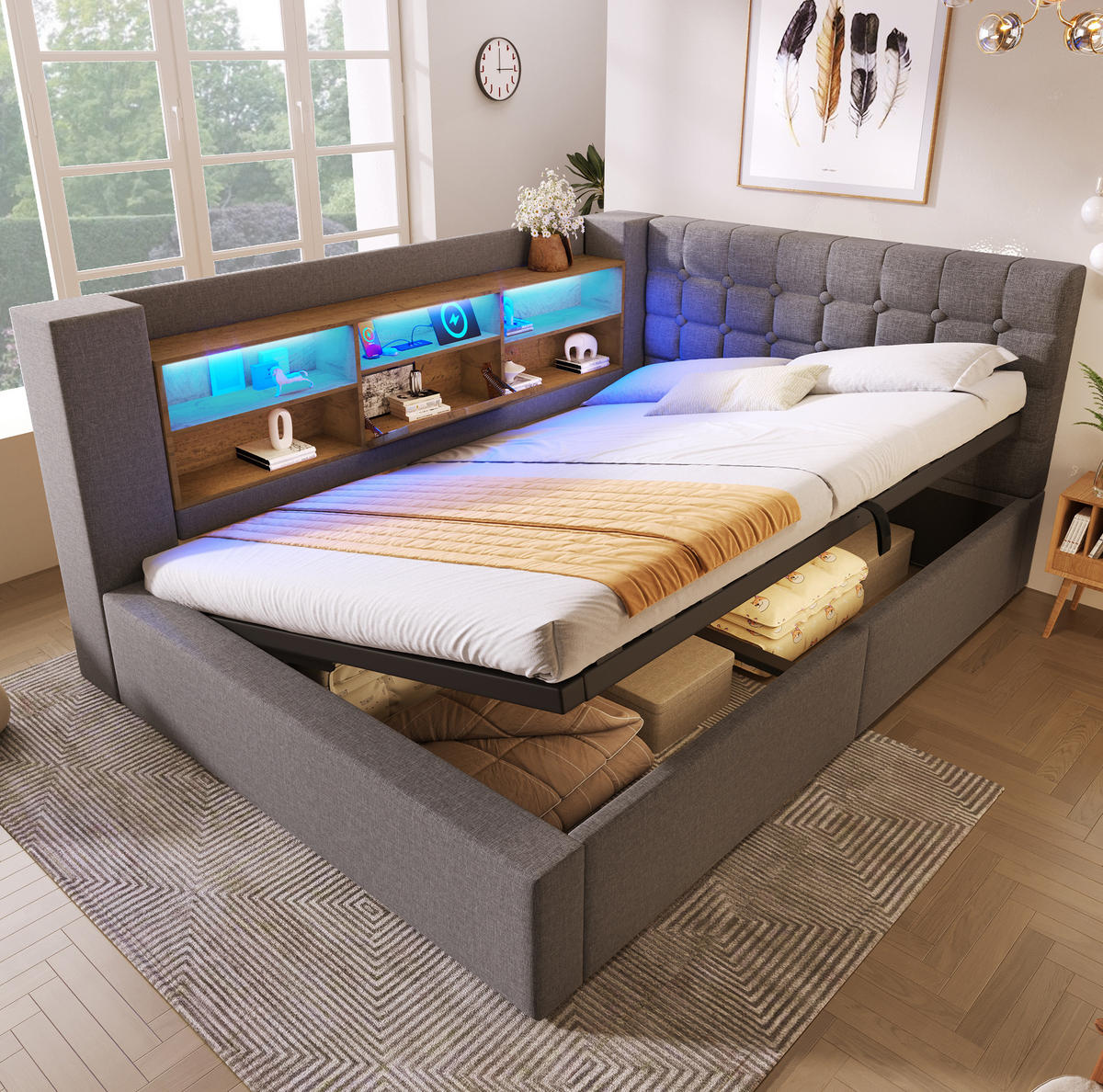 POLSTERBETT 140/200 cm Grau aus Leinen mit LED und Stauraum - Grau, Textil (140/200cm) - OKMYHOME