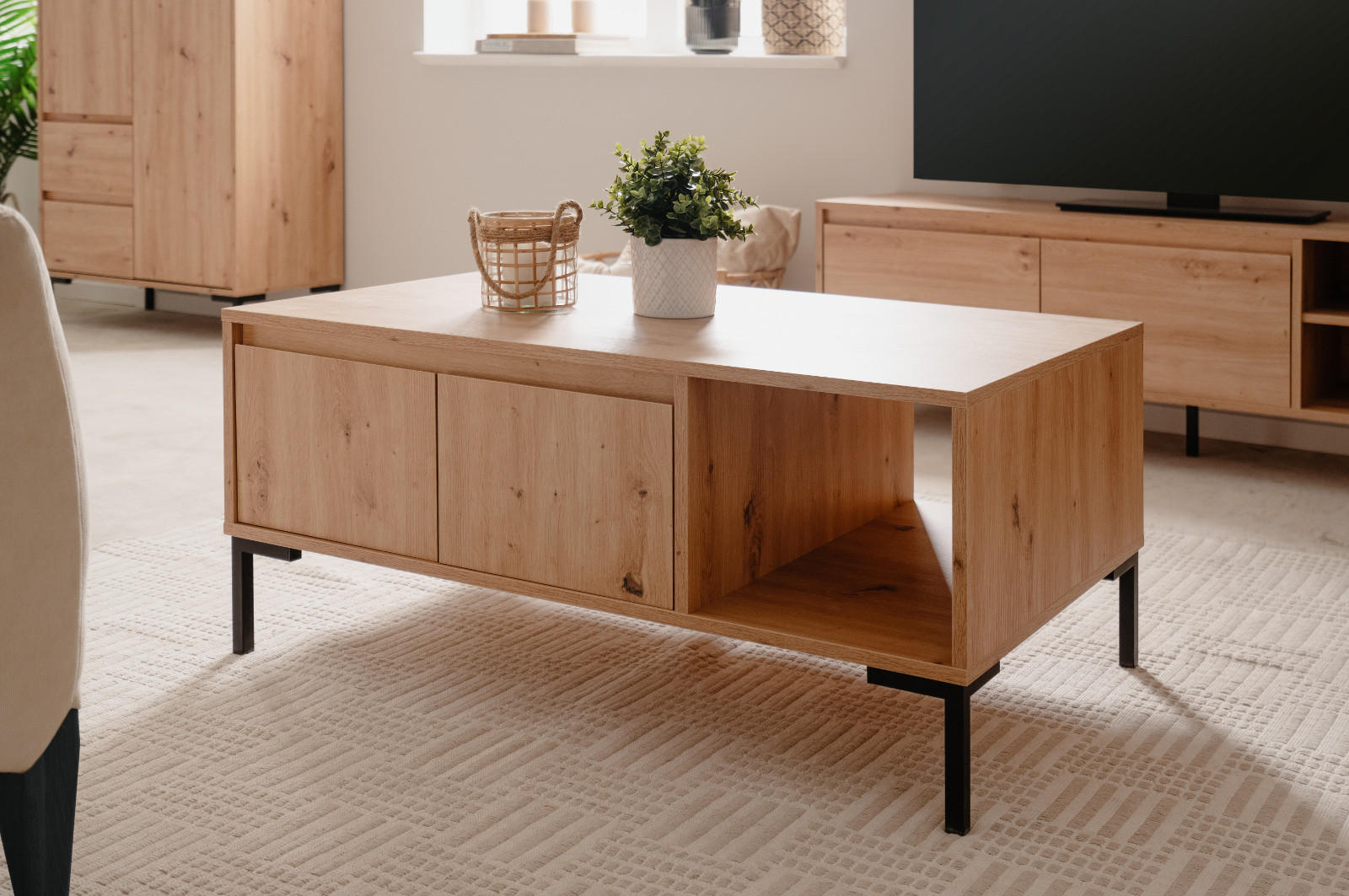 COUCHTISCH Eiche Artisan 100 cm, Wohnzimmertisch mit Stauraum - Schwarz/Eiche Artisan, Holzwerkstoff/Metall (60/100/43cm) - Furn.Design