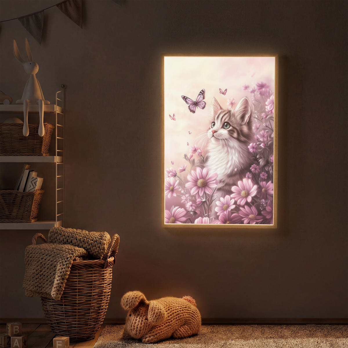 NACHTTISCHLAMPE MIT AKKU Kätzchen - Blumen - Schmetterlinge - Lila 70x100 cm - Altrosa, Holzwerkstoff (8/70/100cm) - OnlyWow