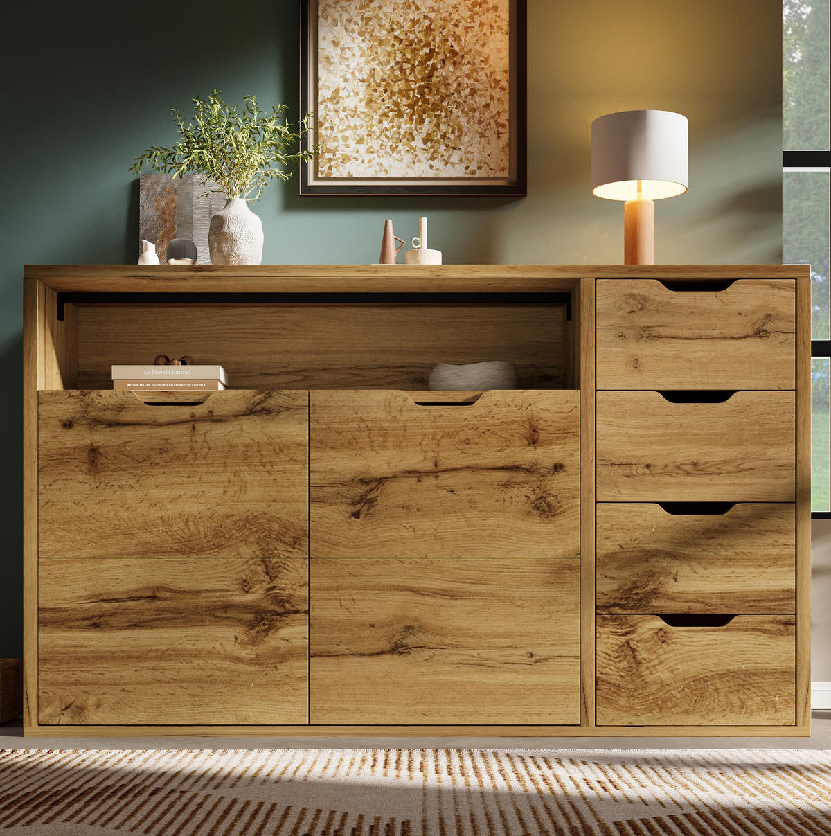 SIDEBOARD 150/40/90 cm mit 2 Türen, 4 Schubladen, offenem Fach und verstellbaren Einlegeböden, Eichefarben - Eichefarben, Holzwerkstoff (150/90/40cm) - Redom