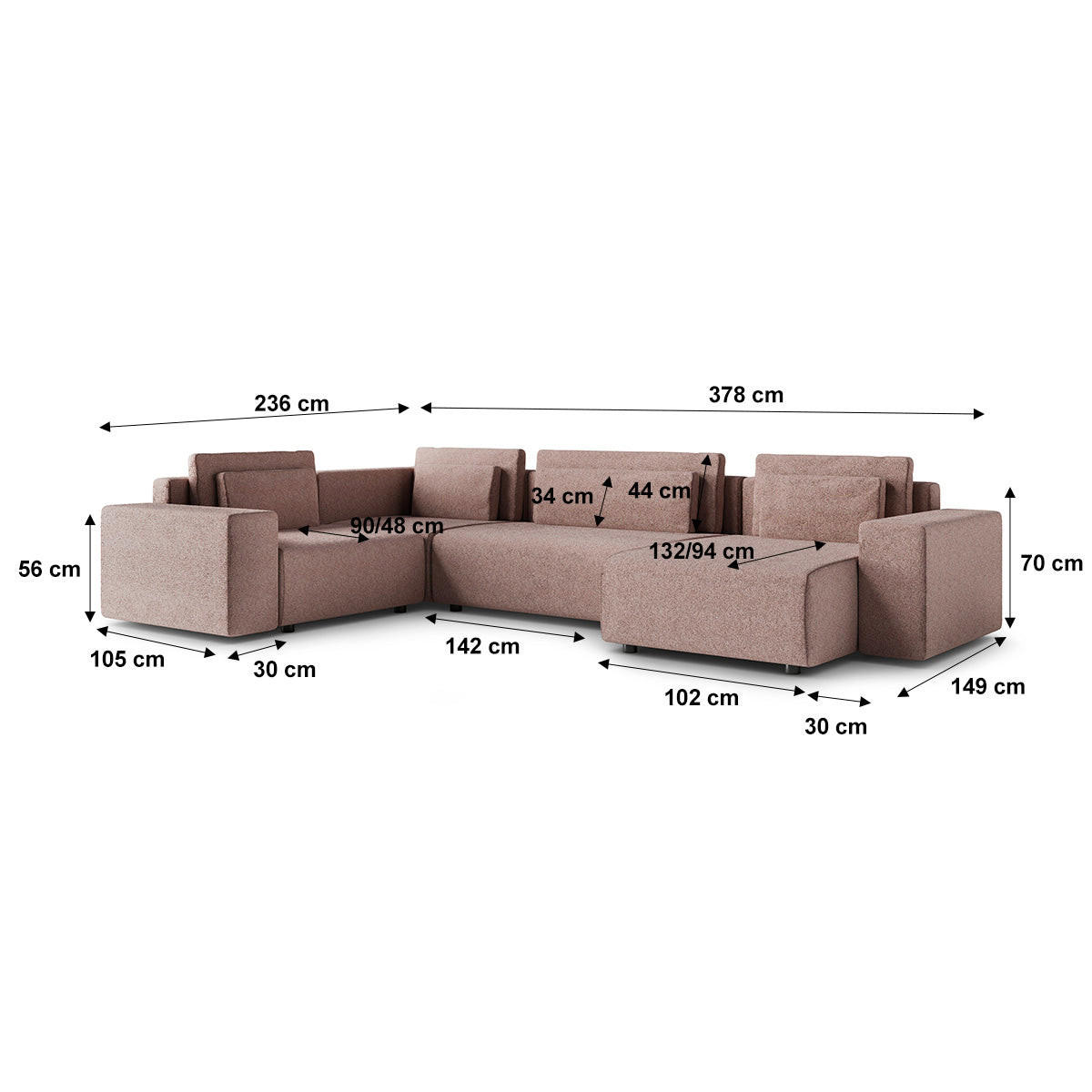 PANORAMASOFA Lorenzo 5 Sitzplätze Rosa - Pink, Holz (378/85/236cm) - Petits-meubles