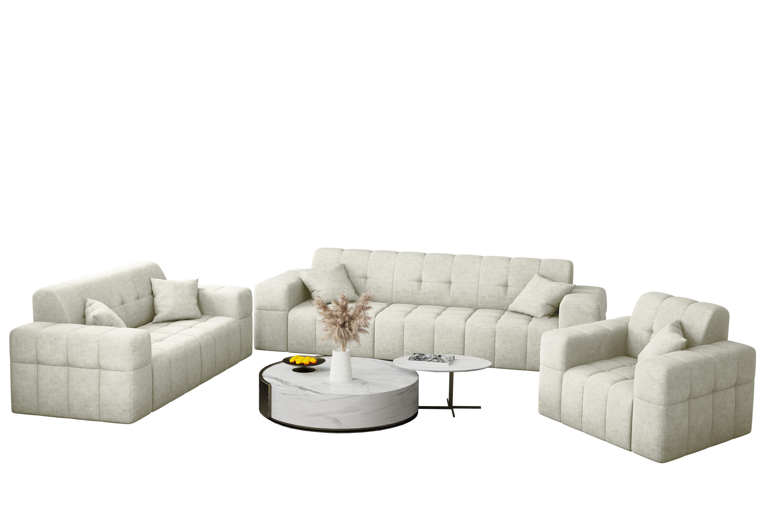 SITZGARNITUR 3+2+1 NIMES Stoff Perfect Harmony Creme - Creme, Holz/Textil (245/82/92cm) - Kaiser Möbel