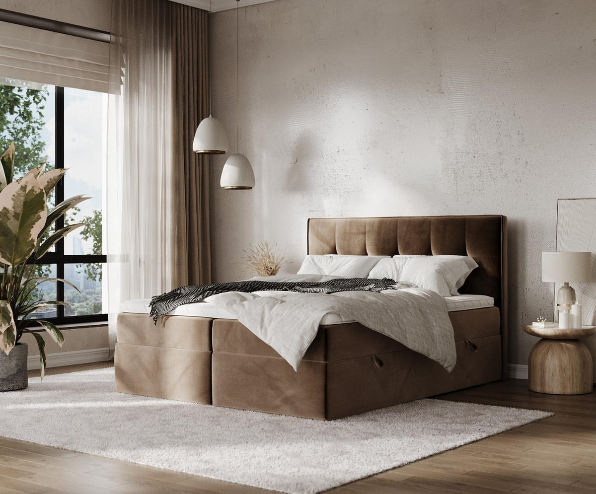 BOXBETT Mireo 140/200 cm Braun im Paros Stoff - Schwarz/Braun, Holz/Holzwerkstoff (140/200cm) - AltaBeds