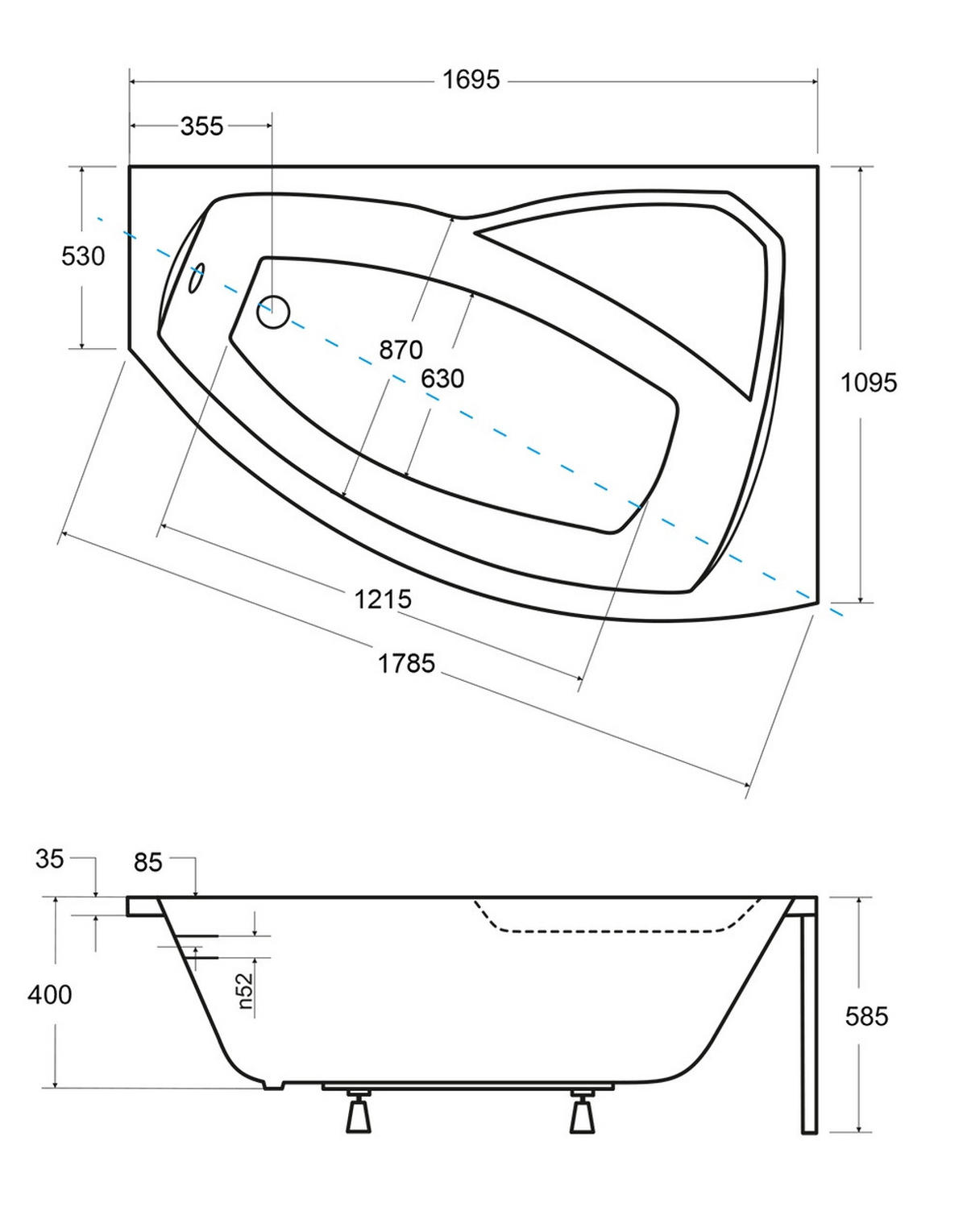 BADEWANNE Eckwanne RIMA 170/110 Rechts mit weißer Kopfstützen Ablauf Füße - Weiß, Kunststoff (110/58.5/170cm) - bad land
