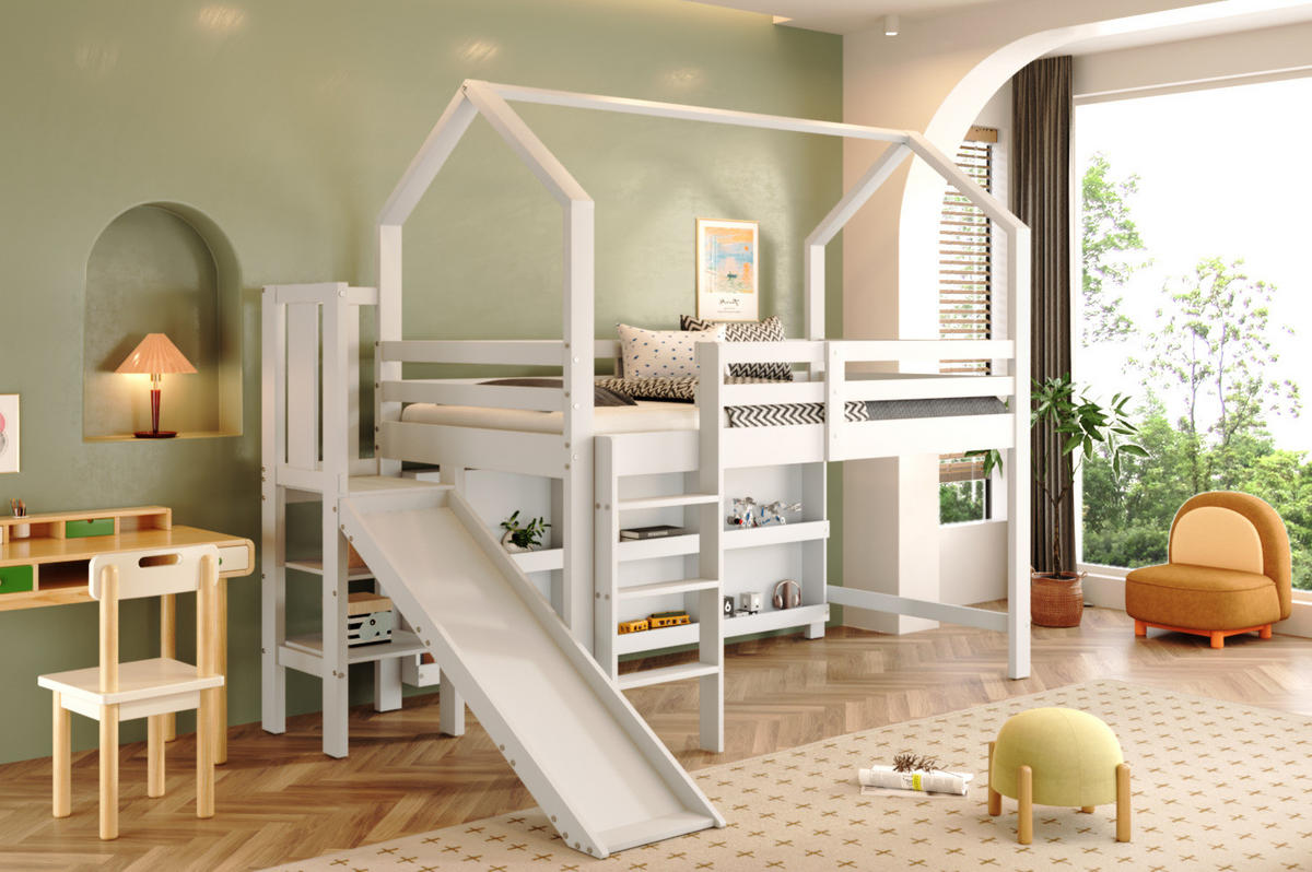 DETSKÁ posteľ 90/200 cm biela so šmykľavkou schodíkmi úložným priestorom a policou z masívneho dreva a MDF - biela, kompozitné drevo (90/200cm) - OKWISH