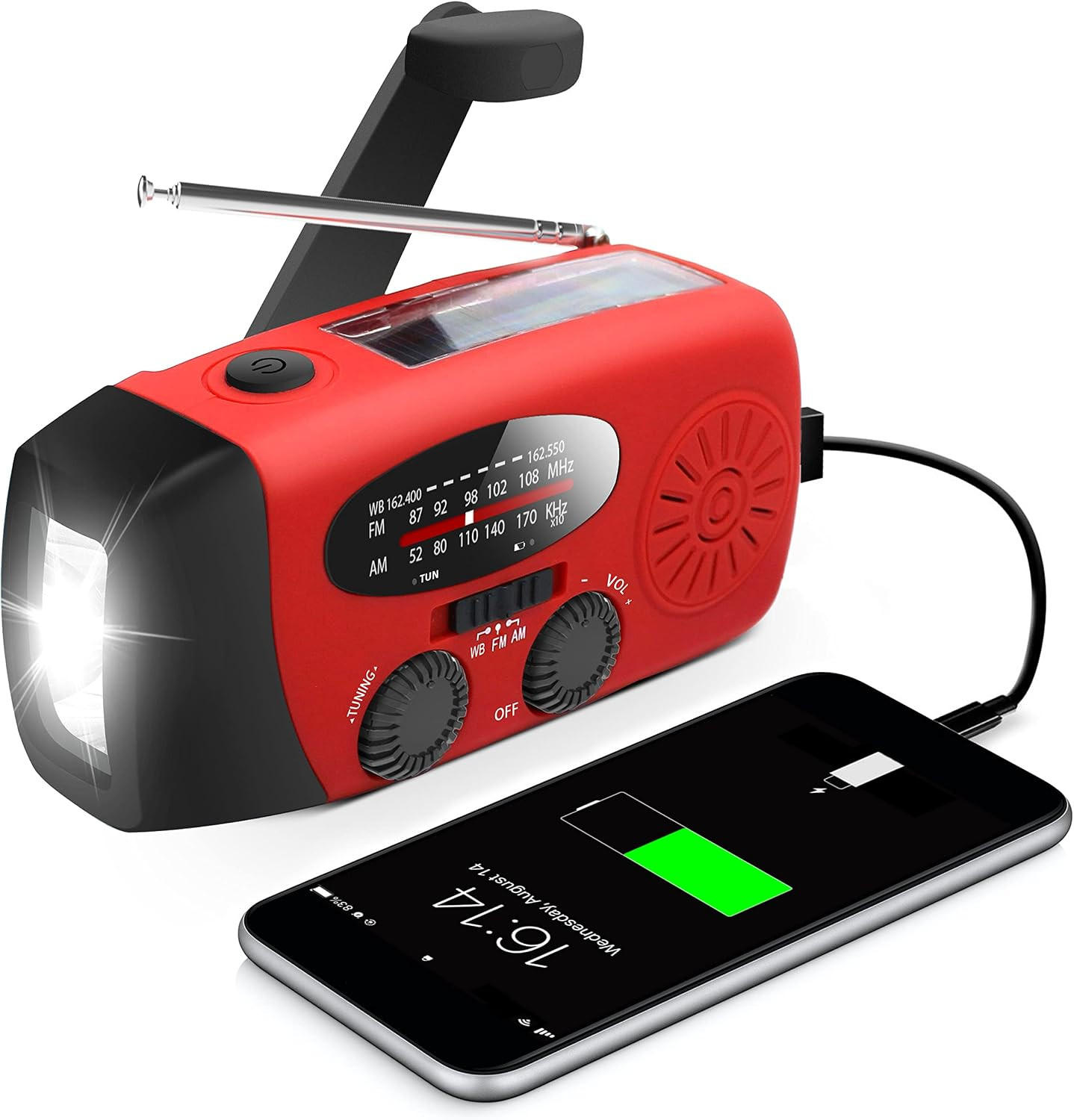 RADIO – NOAA AM/FM – Handkurbel-Generator / LED-Taschenlampe / 2000-mAh-Powerbank – Rot - Rot, Kunststoff (12.7/4.57/6cm) - DCA