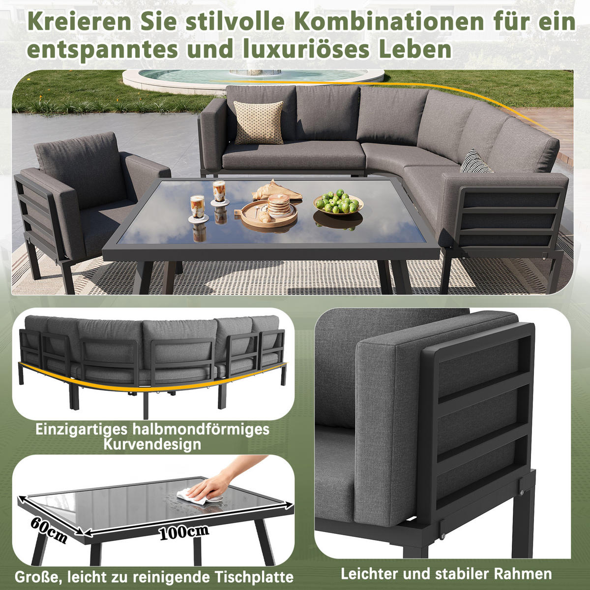 GARTENLOUNGE-SET mit Stahlrahmen & Glastisch, 3 Sofas, Sessel, 2 Hocker, 114/60/77 cm, Grau - Grau, Metall - Redom