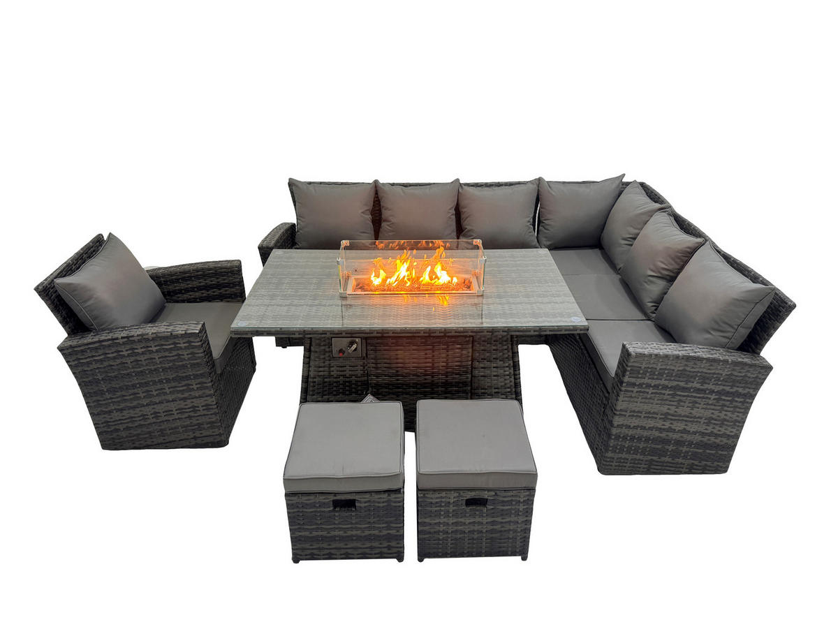 GARTENTISCHGRUPPE Rechte Ecke Polyrattan Dunkelgrau 9-Sitzer - Dunkelgrau/Grau, Glas/Kunststoff - Fimous