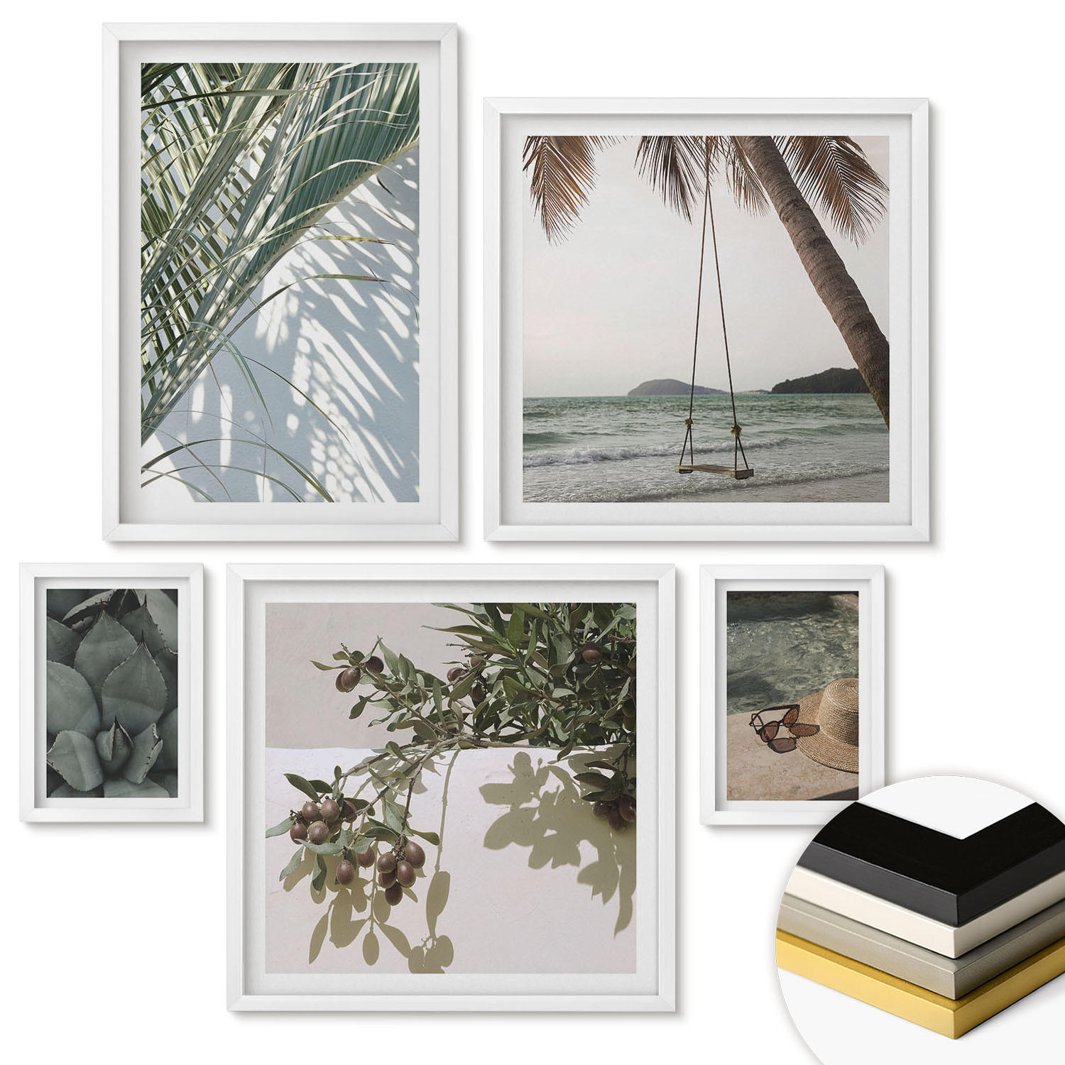WANDBILDER 5er-Set - 50x50 cm & 20x30 cm & 40x60 cm Weißer Rahmen - Tropische Pflanzen für den Urlaub - Weiß, Kunststoff (40/60cm) - ArtPrintCave