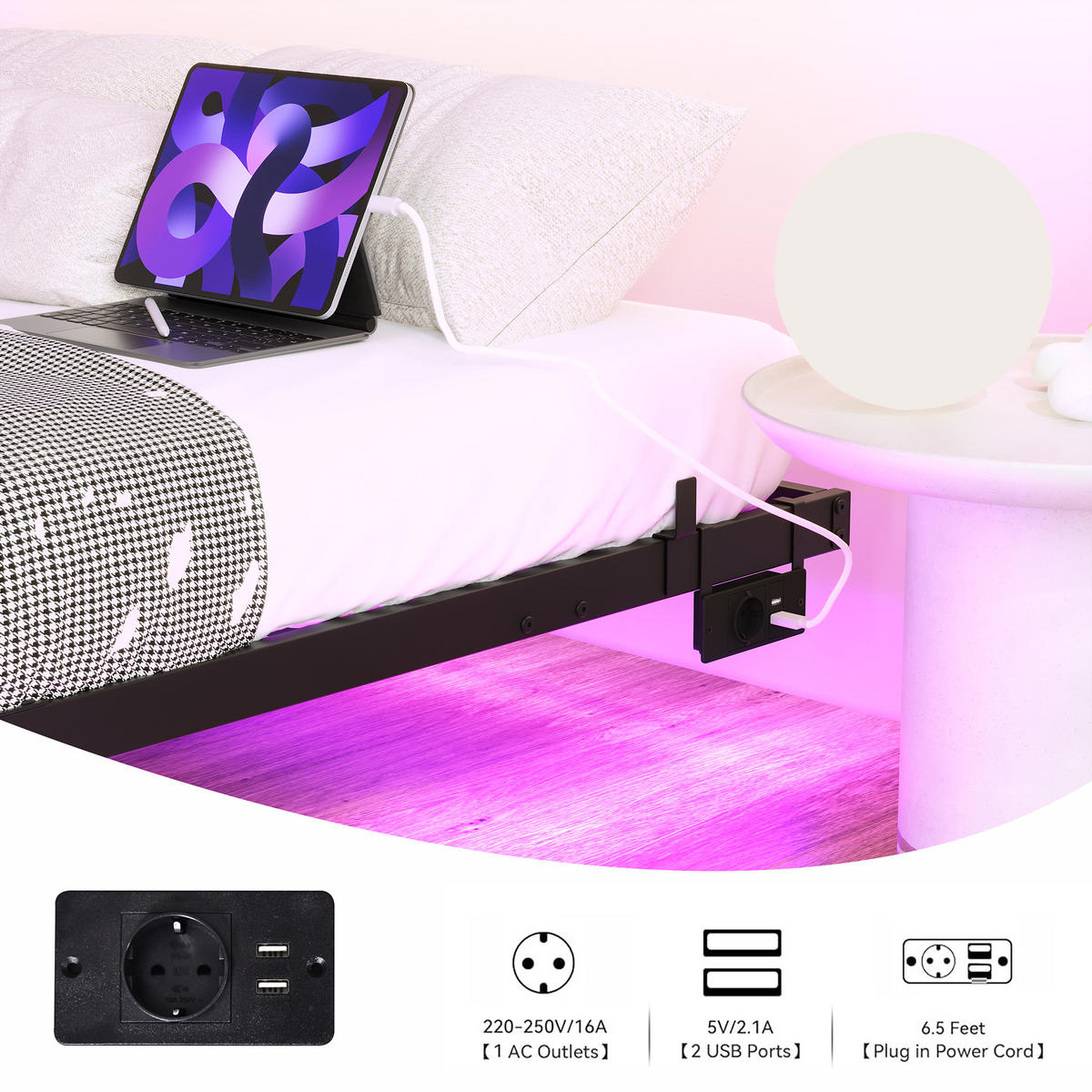 METALLBETT 120/200 cm DE-35510 mit LED und Ladestation Schwarz - Schwarz, Metall (120/200cm) - ComfortXL