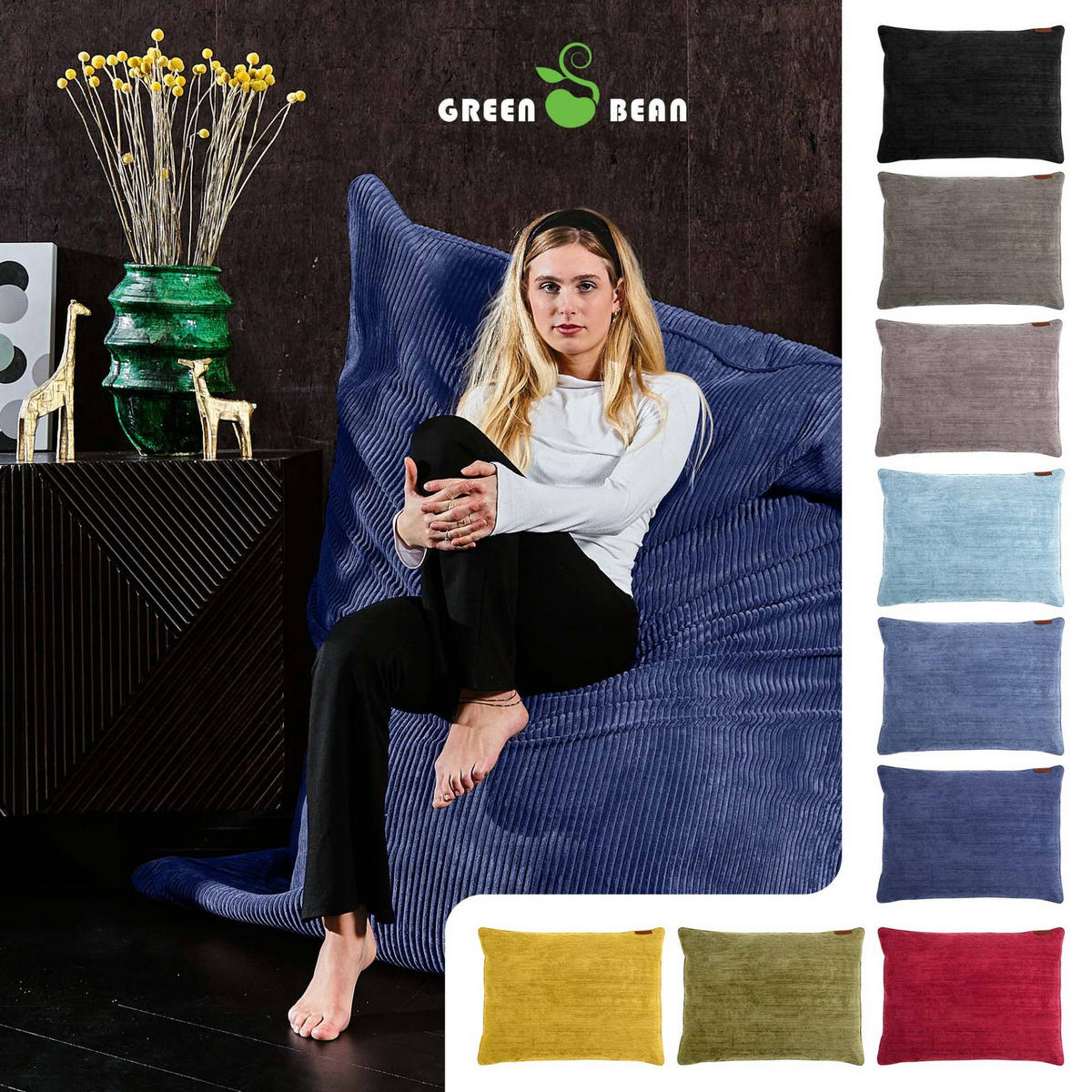 SITZSACK XXL "Square" aus Cord – 370 L - Dunkelblau, Textil (140/25/180cm) - Green Bean