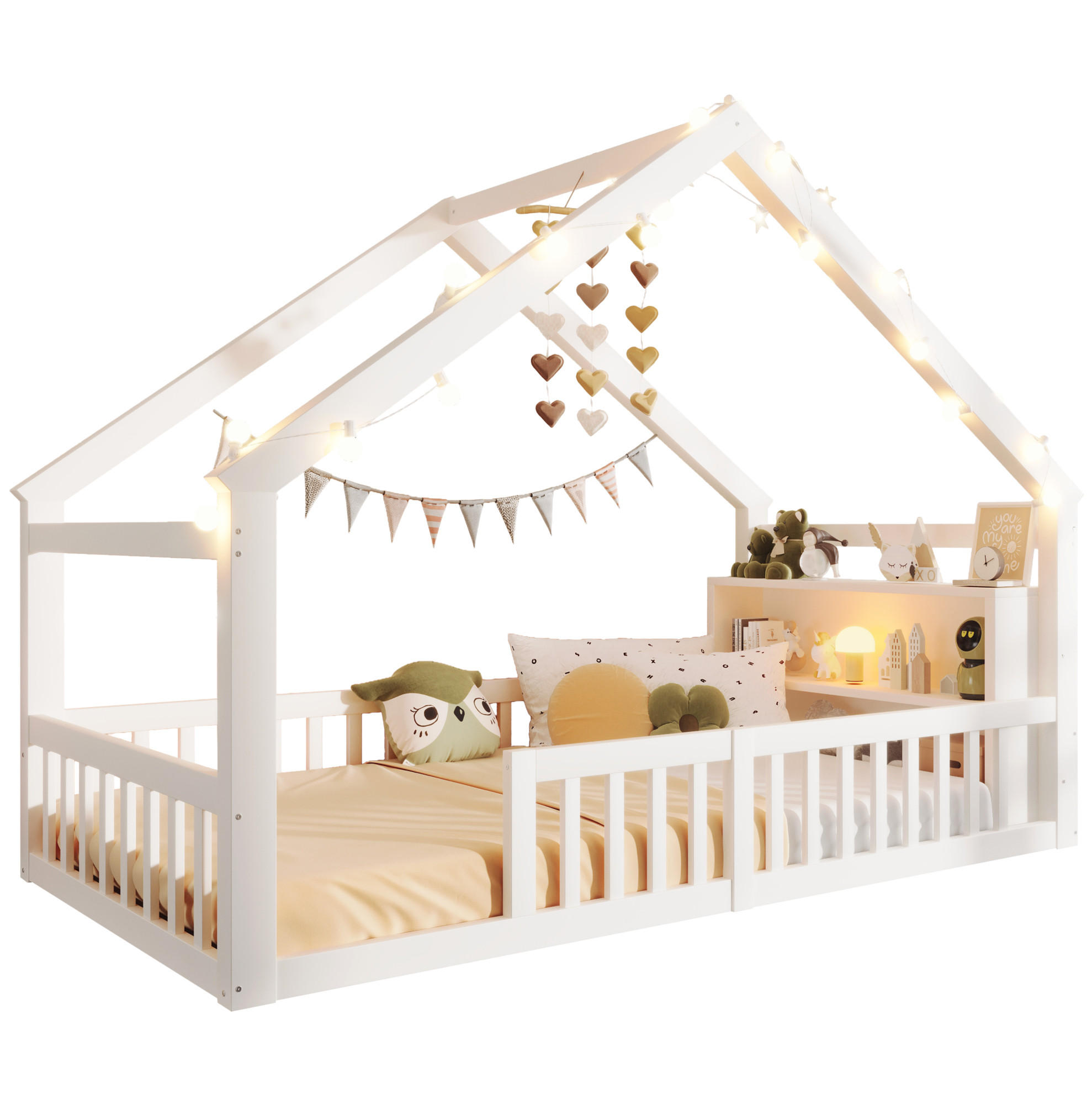 HAUSBETT 90/190 cm Weiß mit Schutzgitter und Regal - Weiß, Holz (90/190cm) - MIVRAY