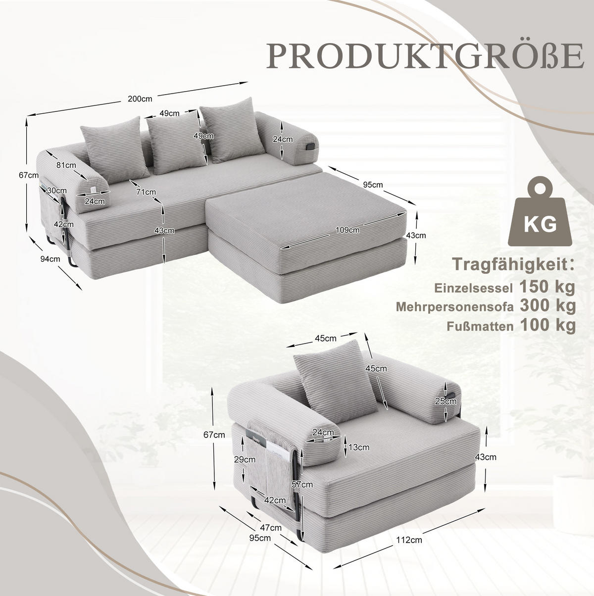SOFA 200/190/67 cm in Hellgrau aus Cord mit Hocker und Kissen - Hellgrau, Textil (190/67/200cm) - Flora Grace