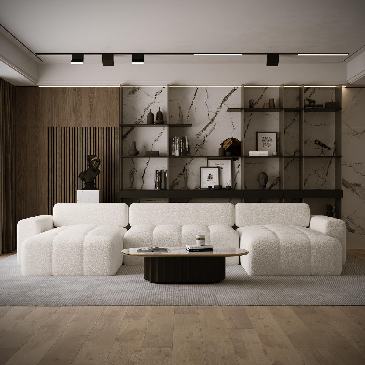 ECKSOFA Bouclé-Stoff 10 Sitzer Bornum U, Creme - Creme, Textil (386/70/155cm) - Meblito