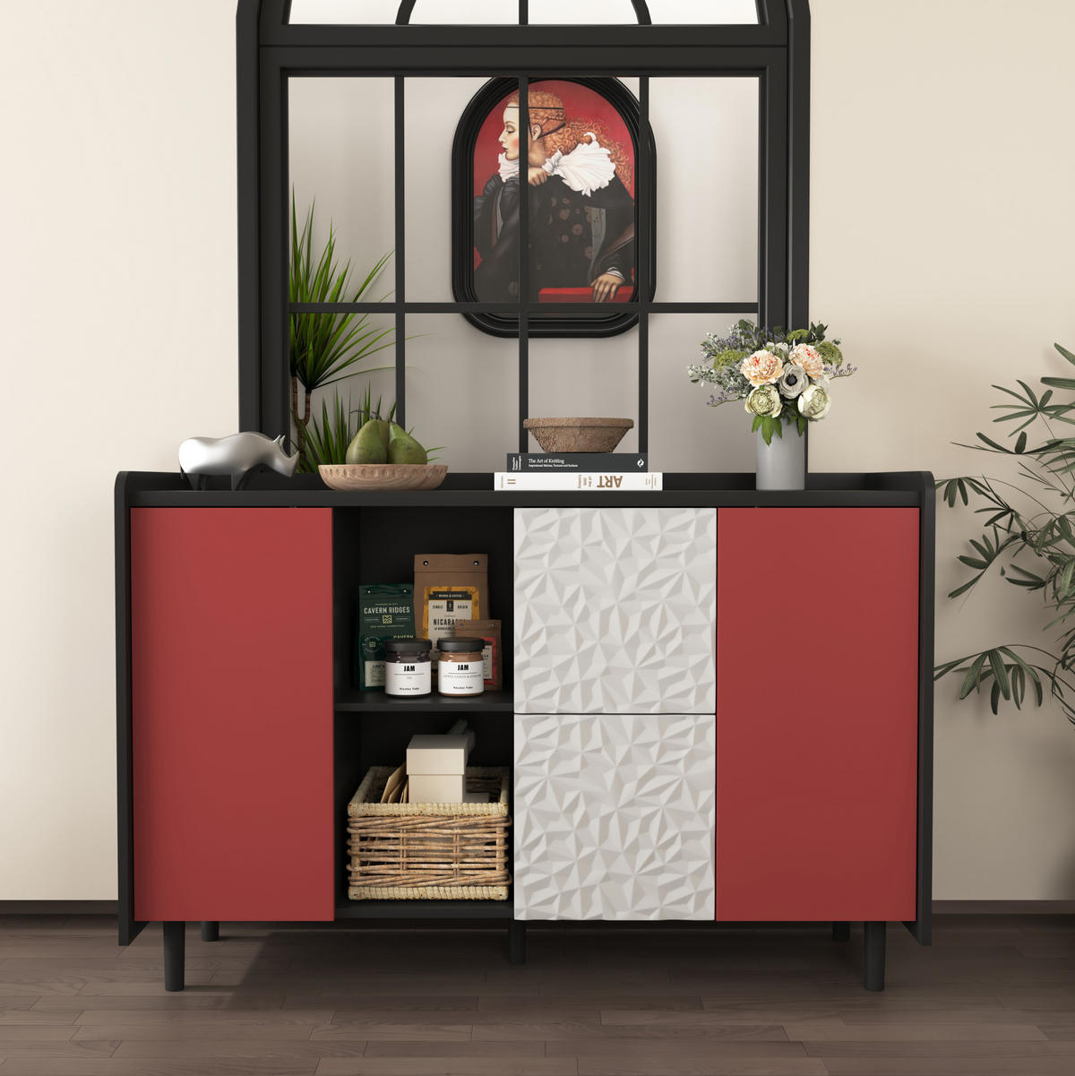 SIDEBOARD 120/40/80 cm, MDF Schwarz/Rot mit 2 Schubladen, offenem Fach und Tür, Schwarz/Rot - Rot, Holzwerkstoff (120/80/40cm) - Redom