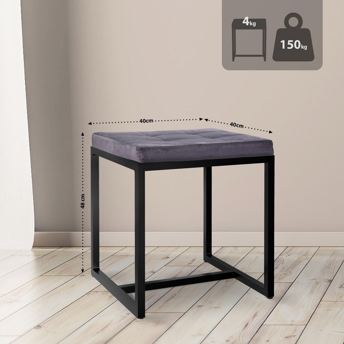 SITZWÜRFEL eckig 40/40/48 cm Samt dunkelgrau - Dunkelgrau/Schwarz, Textil/Metall (40/48/40cm) - CLP
