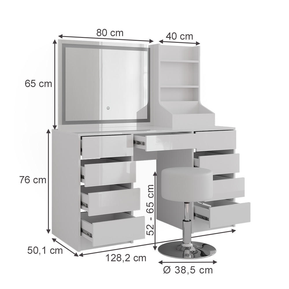 SCHMINKTISCH Sherry Weiß/Weiß Hochglanz 128.2 cm 4 Teile - Weiß Hochglanz, Holzwerkstoff (128.2/76/50.1cm) - Vicco