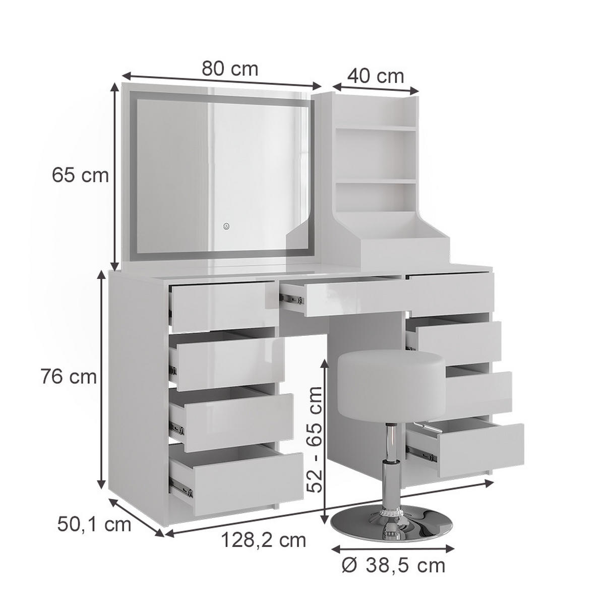 SCHMINKTISCH Sherry Weiß/Weiß Hochglanz 128.2 cm 4 Teile - Weiß Hochglanz, Holzwerkstoff (128.2/76/50.1cm) - Vicco