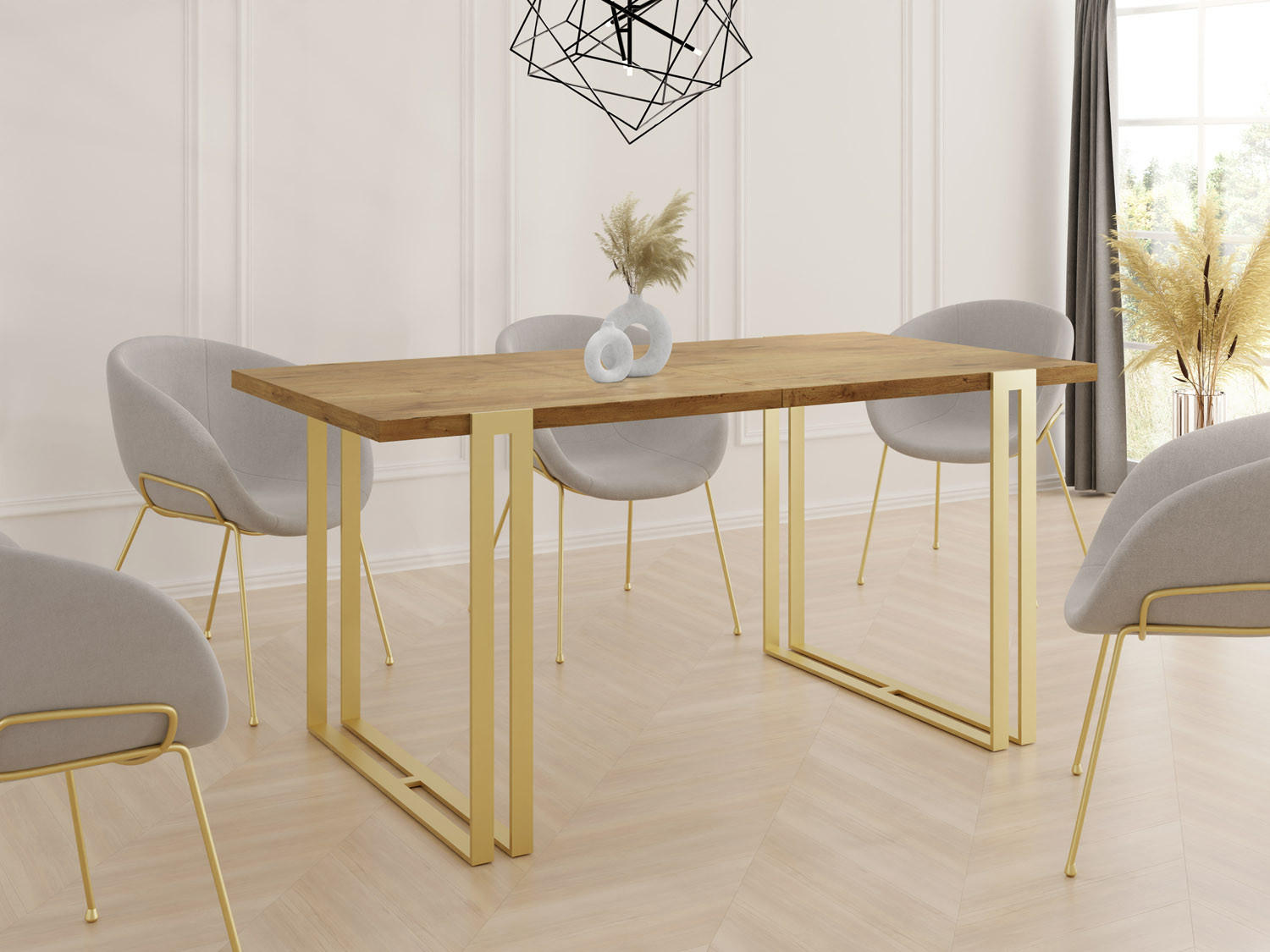 ESSTISCH Stella rechteckig ausziehbar, Lancelot Eiche 140-260/80/76 cm - Eichefarben/Goldfarben, Holzwerkstoff/Metall (140/80/76cm) - WFL GROUP
