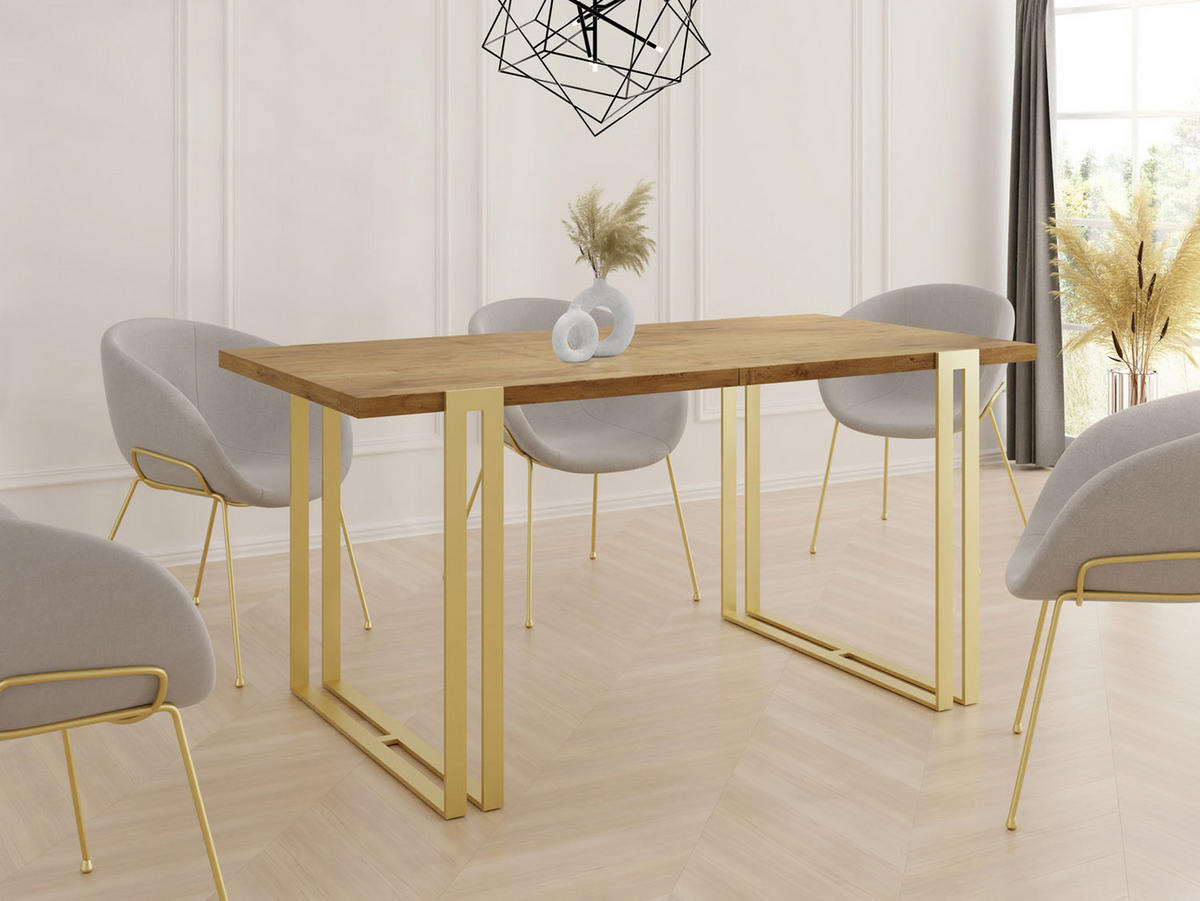 ESSTISCH Stella rechteckig ausziehbar, Lancelot Eiche 120-220/80/76 cm - Eichefarben/Goldfarben, Holzwerkstoff/Metall (120/80/76cm) - WFL GROUP