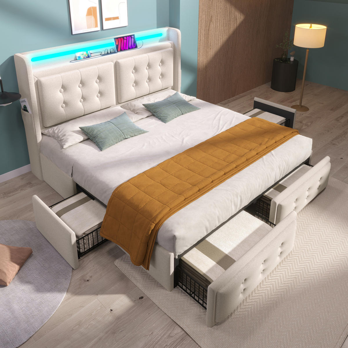 BETT mit LED, USB-C und 4 Schubladen 140x200 cm Beige - Beige, Metall (140/200cm) - Meubliv
