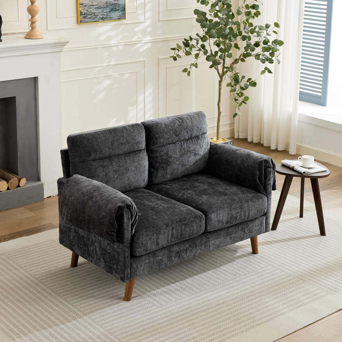 SOFA 2-Sitzer Chenille Schwarz - Schwarz, Holzwerkstoff (70/85/124cm) - Meubliv