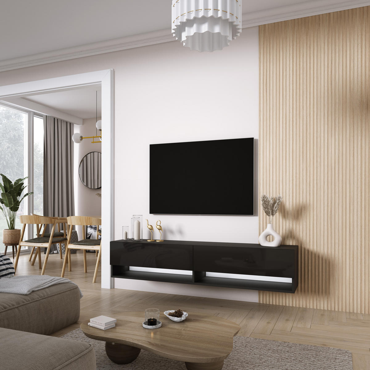 TV-LOWBOARD 170 cm Mattschwarz / Hochglanzschwarz, weiße LED, 170 × 32 × 34 cm - Schwarz, Holzwerkstoff (170/33.6/32cm) - 3XE LIVING