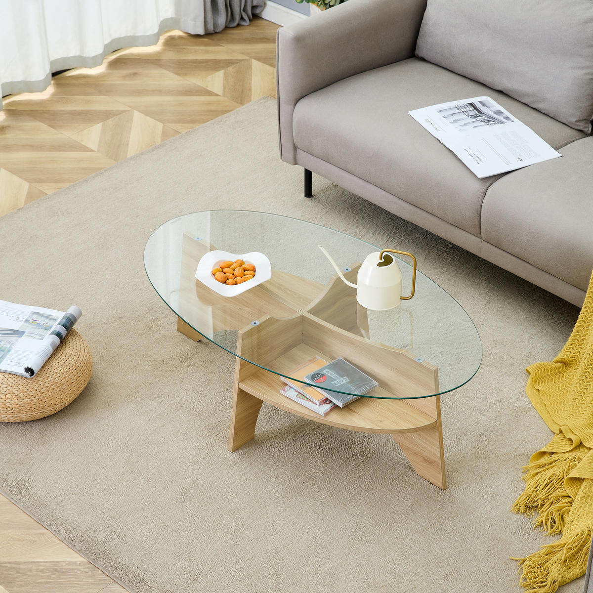 COUCHTISCH in Naturfarbe Moderner ovaler Beistelltisch mit Holzoptik für Esszimmer und Wohnzimmer, B104.9/T60/H35.6 cm - Transparent/Naturfarben, Glas/Holzwerkstoff (60/104.9/35.6cm) - STILVORA