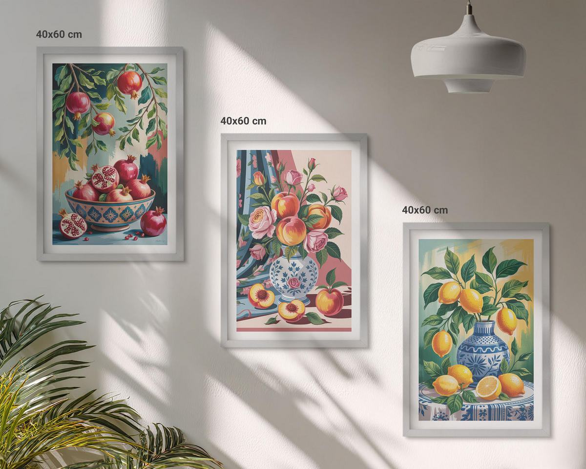 BILDER SET 3er Set - 40x60 cm Silberner Rahmen - Blumen und Früchte in Vasen - Silberfarben, Kunststoff (40/60cm) - TULUP