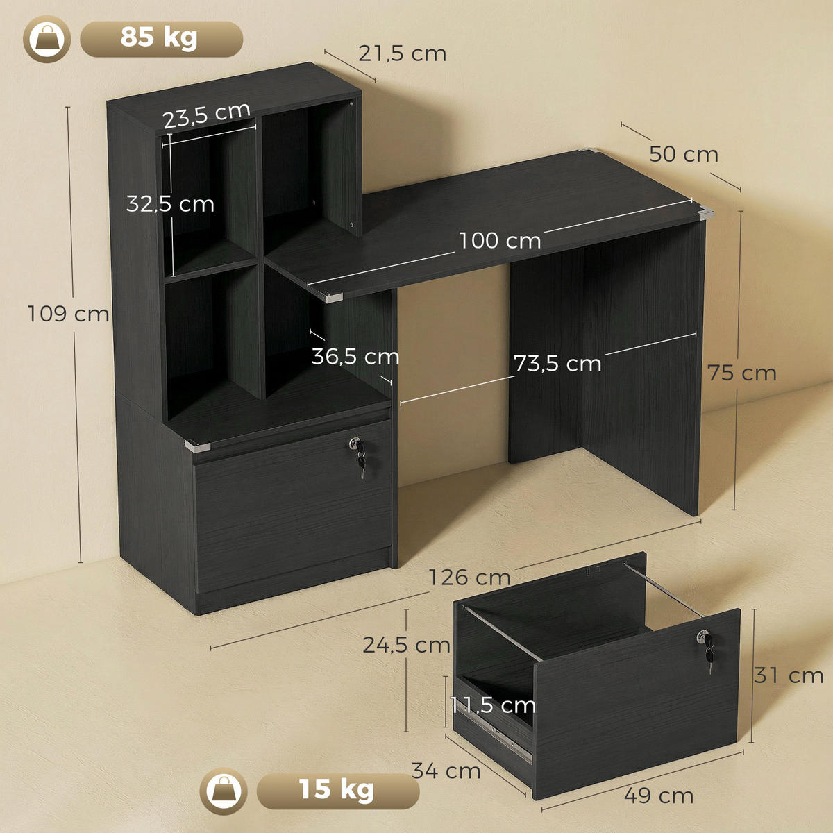 SCHREIBTISCH Schwarz mit abschließbarer Schublade und Regal 126/50/109 cm - Schwarz, Holzwerkstoff (50/126/109cm) - PANGIVO