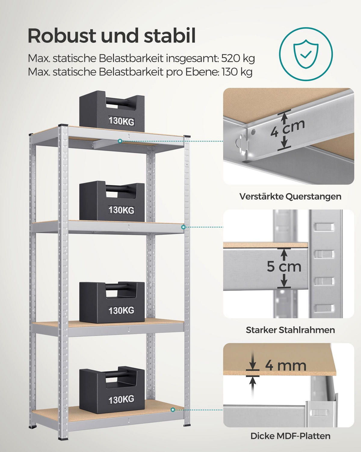 SCHWERLASTREGAL MONROVIA 2ER-SET - Silberfarben, Metall (80/160/40cm) - Hansiro