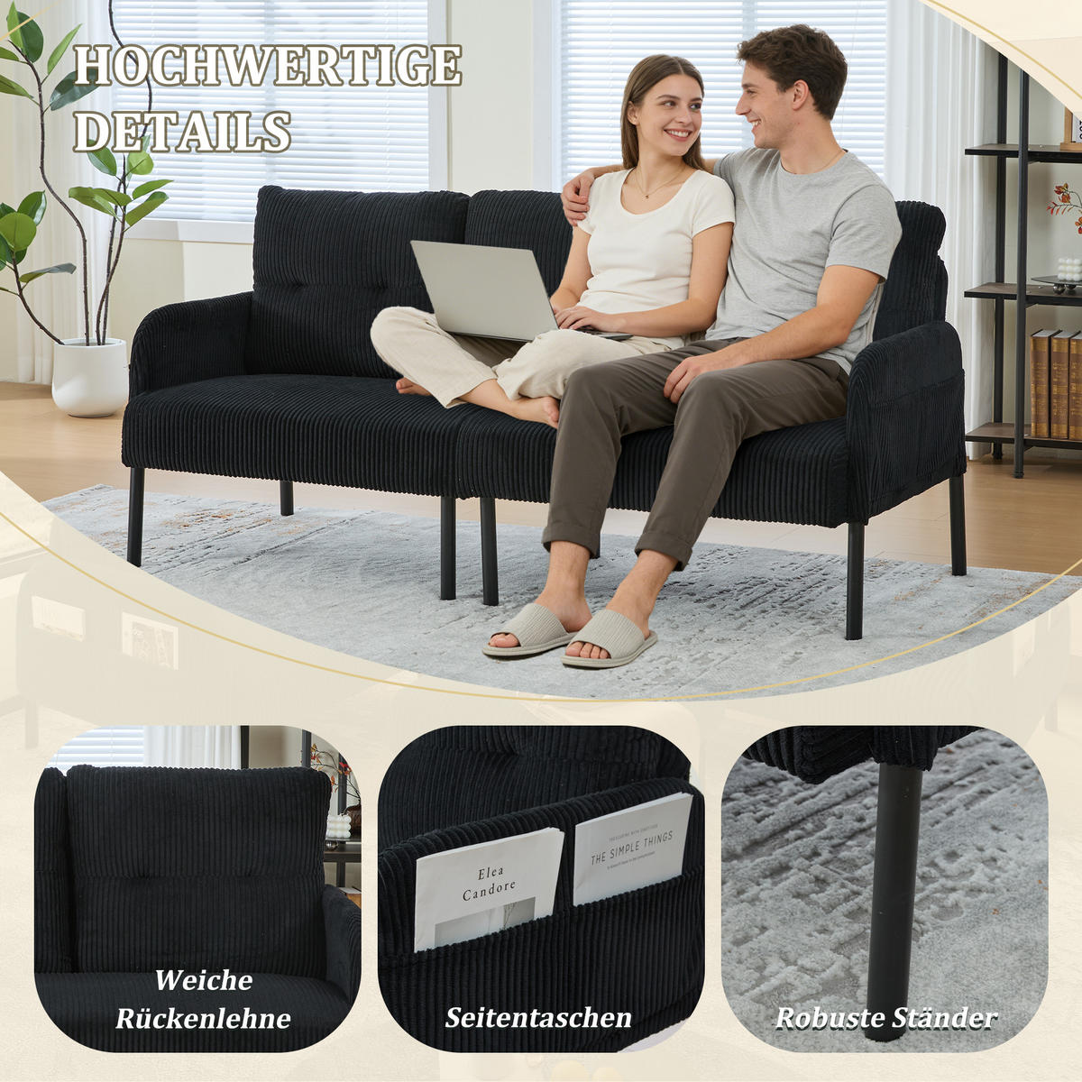 3-SITZER Sofa mit Seitentaschen, Metallgestell & Leinenstoff, 171cm, Schwarz - Schwarz, Textil/Metall (171/80/72cm) - LVHOM