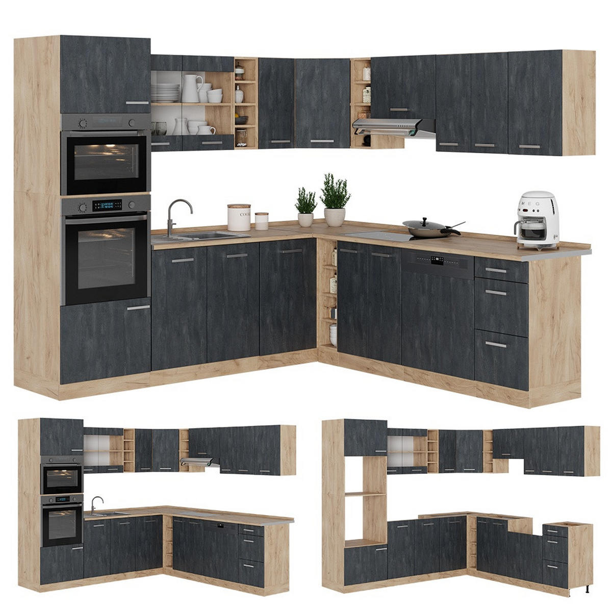 HÖRNKÖK R-Line, Svart betong/Goldkraft ek, 247 x 237 cm AP antracit - Honungsek/Svart, Träbaserade material (247/206.8/60cm) - Vicco