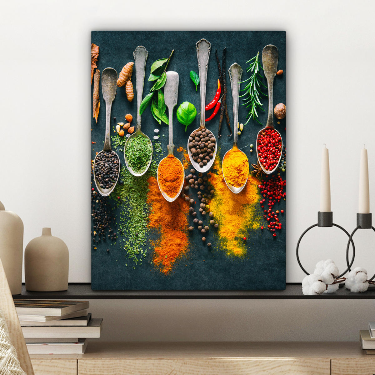 LEINWANDBILD Kräuter - Gewürze - Löffel Room Decor 30x40 cm - Currygelb, Textil (30/40cm) - MuchoWow