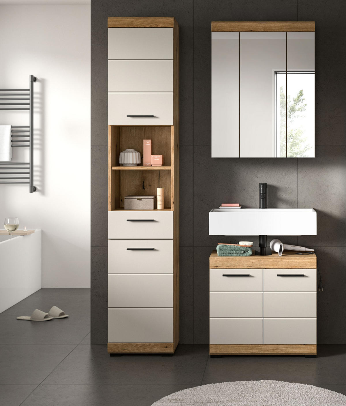 WASCHBECKENUNTERSCHRANK Sand Kashmir, Evoke Eiche, Badezimmer Unterschrank 60 cm - Kaschmir/Eichefarben, Holzwerkstoff/Kunststoff (60/56/34cm) - Inn.Furn