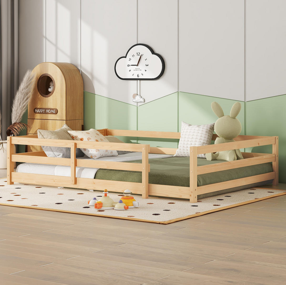 KINDERBETT 140/200 cm mit 4-Seiten-Umrandung und Lattenrost, niedriger Einstieg ohne Matratze - Naturfarben, Holz (140/200cm) - MIVRAY