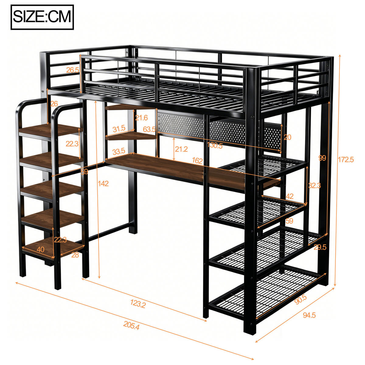 HOCHBETT 90/200 cm in Schwarz mit Schreibtisch, Regal, Lochplatte, Steckdosen und LED Metall Holz Design - Schwarz, Holzwerkstoff/Metall (90/200cm) - STILVORA