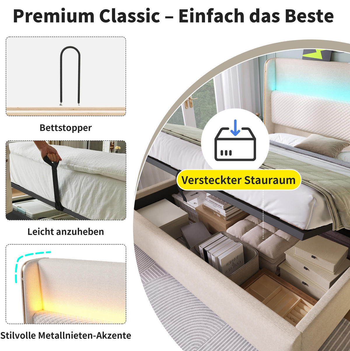 BETT hydraulisch 140x200 cm Leinen Beige mit Matratze - Beige, Metall (140/200cm) - Meubliv