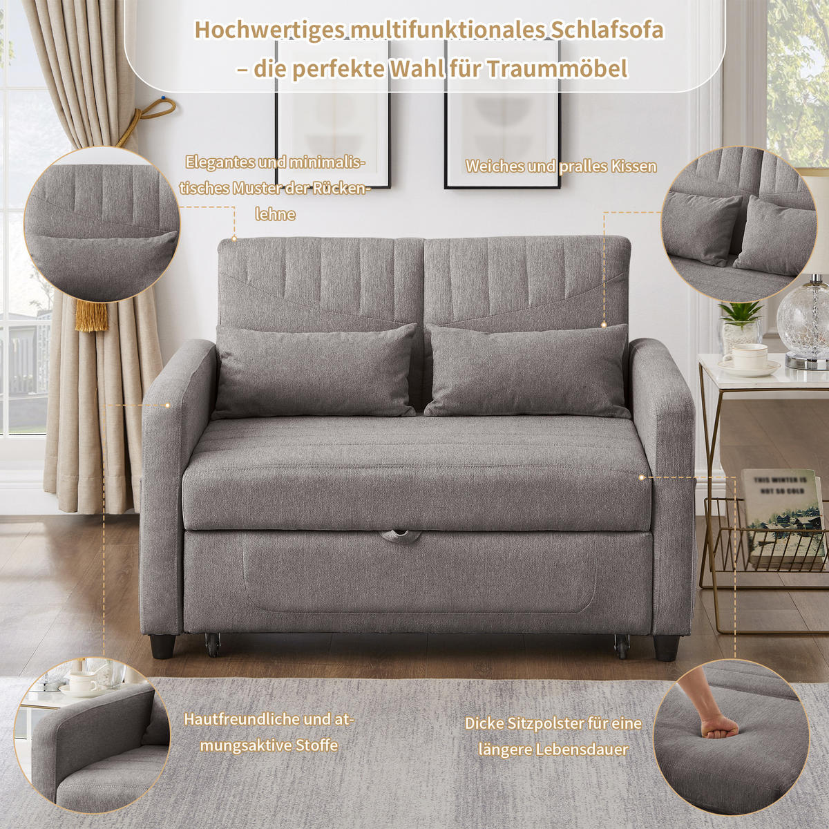 SCHLAFSOFA Baumwoll-Leinen mit Ausziehfunktion und verstellbarer Rückenlehne Grau 114/77/82,5 cm - Grau, Textil (77/82.5/114cm) - Redom