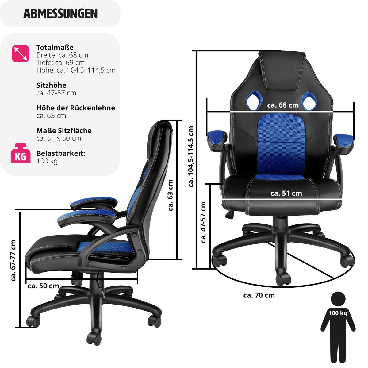 BÜROSTUHL Mike,stufenlos höhenverstellbar,schwarz/blau - Blau/Schwarz, Leder (68/114.5/69cm) - tectake