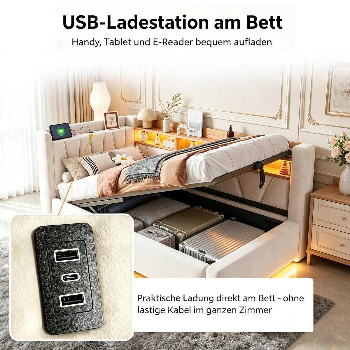 BOXBETT 90/200 mit LED/Regal/USB/Bettkasten, Samt, Beige - Beige, Holz (90/200cm) - LVHOM