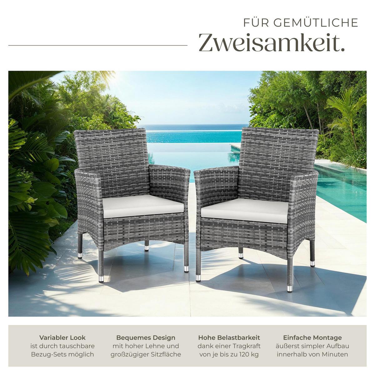RATTANSTUHL 2er Set Nantes,59 x 57 x 85 cm,grau/hellgrau - Grau, Kunststoff (57/85/59cm) - tectake