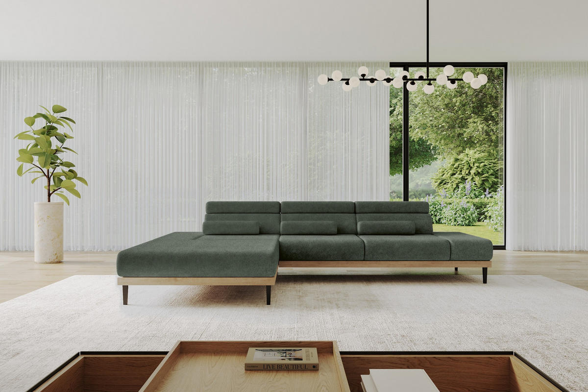 ELEKTRISCHES ECKSOFA Links MONA 316x205x85 Grün Velours - Grün, Holzwerkstoff/Textil (316/205cm) - ALTDECOR