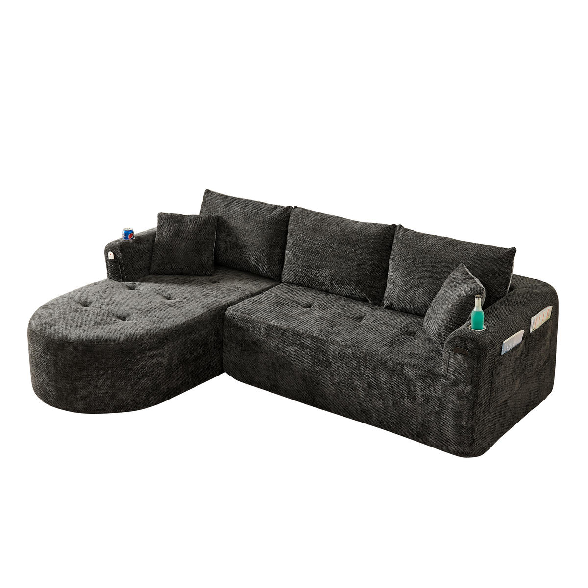 ECKSOFA L-Form montagefrei mit Edelstahl-Becherhalter, Seitentaschen und Leinenbezug, Schwarz - Schwarz, Textil (255/170cm) - Redom