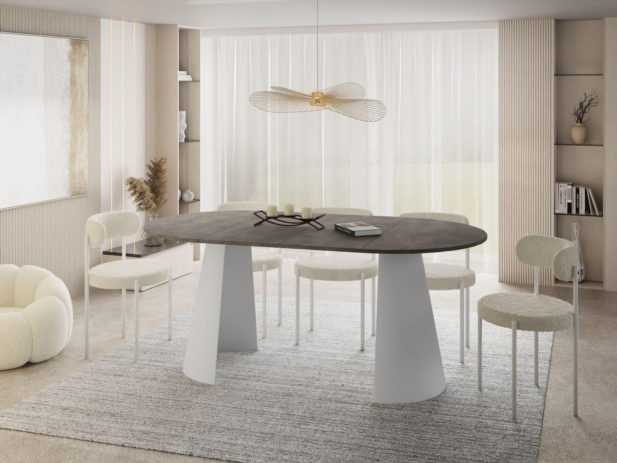 ESSTISCH Lamio runder ausziehbarer, Beton-Optik Dunkelgrau 100-180/100/76 cm - Dunkelgrau/Weiß, Holzwerkstoff/Metall (100/100/76cm) - WFL GROUP