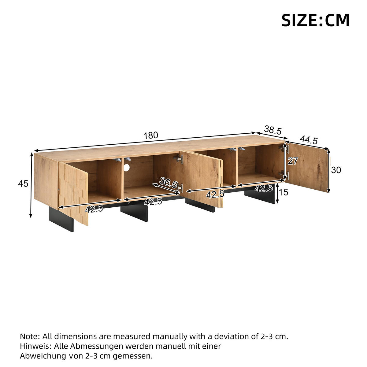TV-BÄNK Naturträoptik 180 cm för 75 tums TV med 4 våffelmönstrade dörrar - Naturfärgad, Träbaserade material (180/45/38.5cm) - Urban Meuble