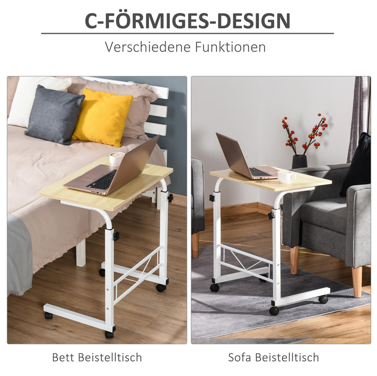 BEISTELLTISCH 40/60/68-78 cm höhenverstellbar mit Rollen und Bremsen, C-Form aus Stahl, Ahorn - Ahornfarben, Metall (60/40/78cm) - Redom