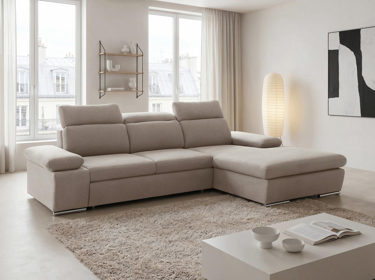 ECKSOFA PABLO mit Schlaffunktion und Bettkasten Beige - Beige, Holzwerkstoff/Kunststoff (250/90cm) - Idohome
