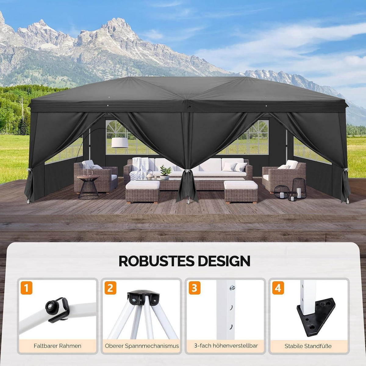 FALTPAVILLON 3 x 6 m Grau mit 6 Seitenteilen - Grau, Textil (300/268/600cm)