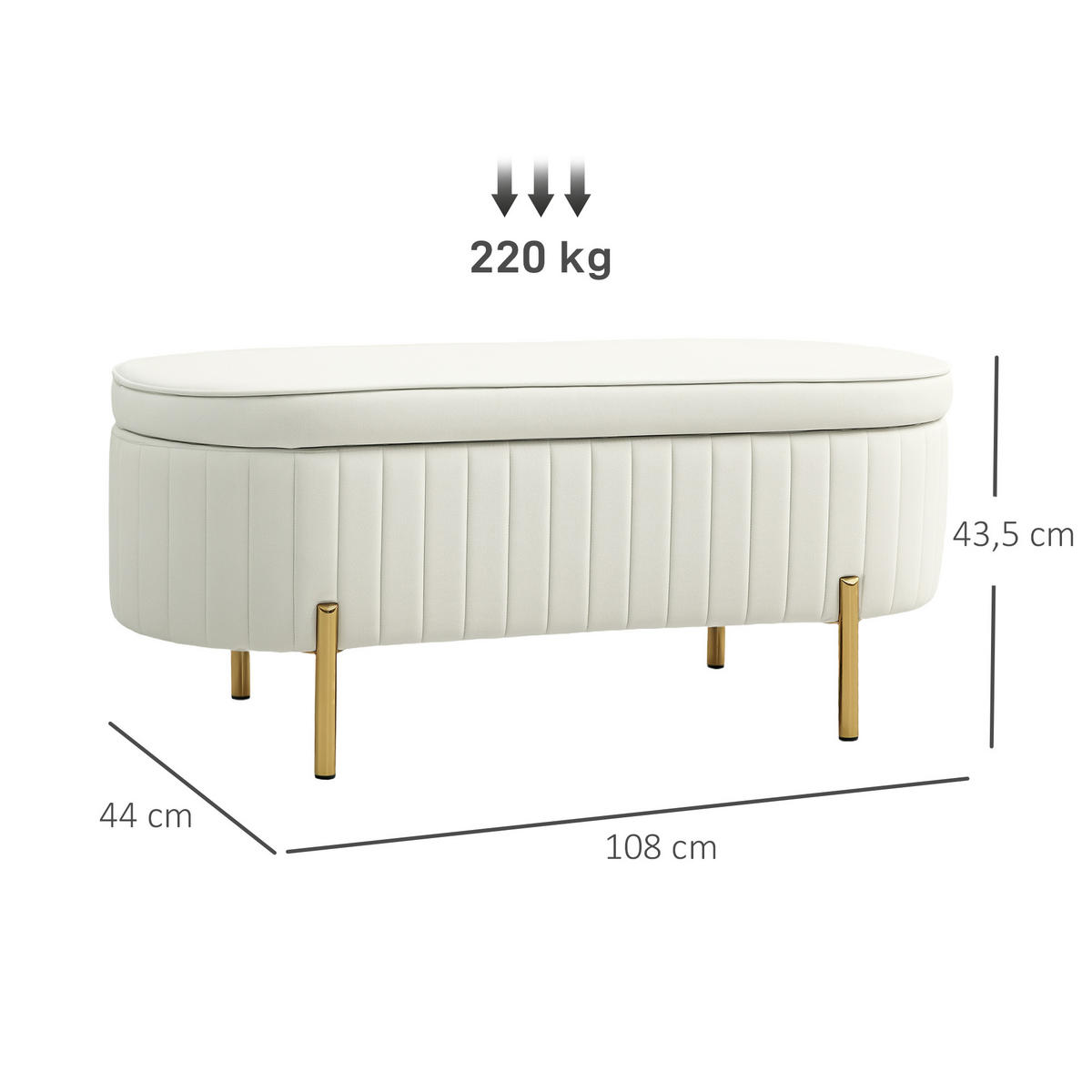 TRUHENBANK MIT KLAPPDECKEL DE-07170 kanalgepolstert, goldene Beine Cremeweiß/Golden - Creme, Metall (44/43.5/108cm) - ComfortXL
